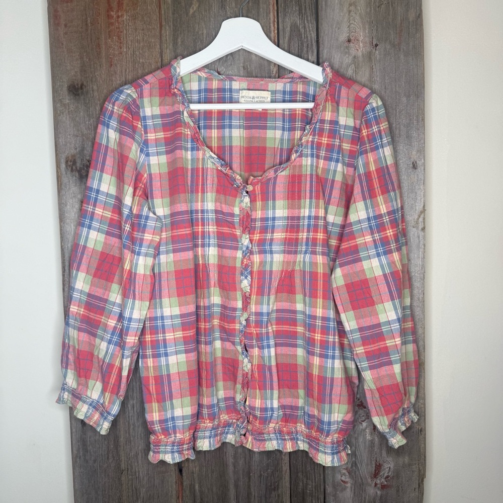 Ralph Lauren Denim & Supply Madras Plaid Ruffle Trim Cottagecore Blouse size M